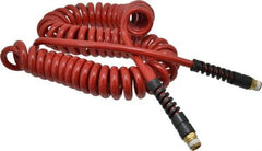 PRO-SOURCE - 5/16" ID, 3/8 Thread, 25' Long, Red Polyurethane Coiled & Self Storing Hose - 185 Max psi, Male Swivel x Male Swivel - Eagle Tool & Supply