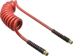 PRO-SOURCE - 3/8" ID, 3/8 Thread, 10' Long, Red Polyurethane Coiled & Self Storing Hose - 200 Max psi, Male Swivel x Male Swivel - Eagle Tool & Supply