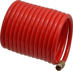 PRO-SOURCE - 1/4" ID, 1/4 Thread, 12' Long, Red Nylon Coiled & Self Storing Hose - 350 Max psi, Male Swivel x Male Swivel - Eagle Tool & Supply