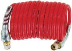 PRO-SOURCE - 3/8" ID, 3/8 Thread, 50' Long, Red Nylon Coiled & Self Storing Hose - 225 Max psi, Industrial Interchange Coupler x Plug - Eagle Tool & Supply
