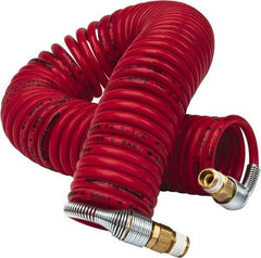 PRO-SOURCE - 1/8" ID, 1/8 Thread, 25' Long, Red Nylon Coiled & Self Storing Hose - 386 Max psi, Male Swivel x Male Swivel - Eagle Tool & Supply