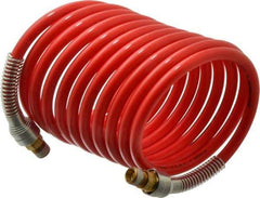 PRO-SOURCE - 5/16" ID, 1/4 Thread, 12' Long, Red Nylon Coiled & Self Storing Hose - 213 Max psi, Male Swivel x Male Swivel - Eagle Tool & Supply