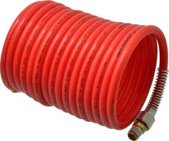 PRO-SOURCE - 5/16" ID, 1/4 Thread, 17' Long, Red Nylon Coiled & Self Storing Hose - 213 Max psi, Male Swivel x Male Swivel - Eagle Tool & Supply