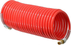 PRO-SOURCE - 5/16" ID, 1/4 Thread, 25' Long, Red Nylon Coiled & Self Storing Hose - 213 Max psi, Male Swivel x Male Swivel - Eagle Tool & Supply