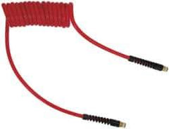 PRO-SOURCE - 5/16" ID, 1/4 Thread, 20' Long, Red Polyurethane Coiled & Self Storing Hose - 120 Max psi, Male Swivel x Male Swivel - Eagle Tool & Supply