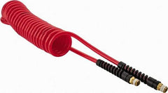 PRO-SOURCE - 1/4" ID, 1/4 Thread, 15' Long, Red Polyurethane Coiled & Self Storing Hose - 147 Max psi, Male Swivel x Male Swivel - Eagle Tool & Supply