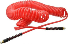 PRO-SOURCE - 1/4" ID, 1/4 Thread, 50' Long, Red Polyurethane Coiled & Self Storing Hose - 147 Max psi, Male Swivel x Male Swivel - Eagle Tool & Supply