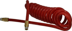 PRO-SOURCE - 1/2" ID, 1/2 Thread, 15' Long, Red Polyurethane Coiled & Self Storing Hose - 120 Max psi, Male Swivel x Male Swivel - Eagle Tool & Supply