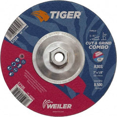 Weiler - 30 Grit, 7" Wheel Diam, 1/8" Wheel Thickness, Type 27 Depressed Center Wheel - Medium Grade, Aluminum Oxide, Resinoid Bond, S Hardness, 8,500 Max RPM - Eagle Tool & Supply