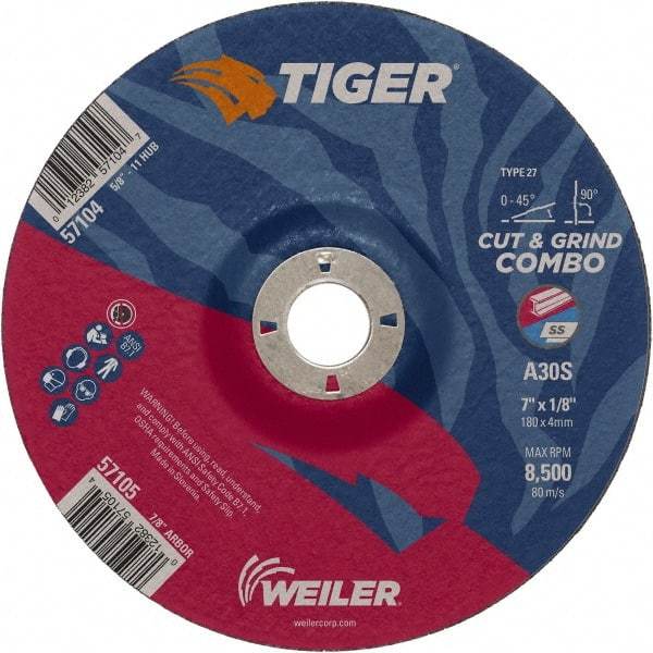 Weiler - 30 Grit, 7" Wheel Diam, 1/8" Wheel Thickness, 7/8" Arbor Hole, Type 27 Depressed Center Wheel - Medium Grade, Aluminum Oxide, Resinoid Bond, S Hardness, 8,500 Max RPM - Eagle Tool & Supply