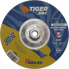 Weiler - 30 Grit, 7" Wheel Diam, 1/8" Wheel Thickness, Type 27 Depressed Center Wheel - Medium Grade, Zirconia Alumina, Resinoid Bond, T Hardness, 8,500 Max RPM - Eagle Tool & Supply