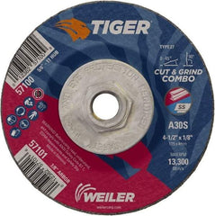 Weiler - 30 Grit, 4-1/2" Wheel Diam, 1/8" Wheel Thickness, Type 27 Depressed Center Wheel - Medium Grade, Aluminum Oxide, Resinoid Bond, S Hardness, 13,300 Max RPM - Eagle Tool & Supply