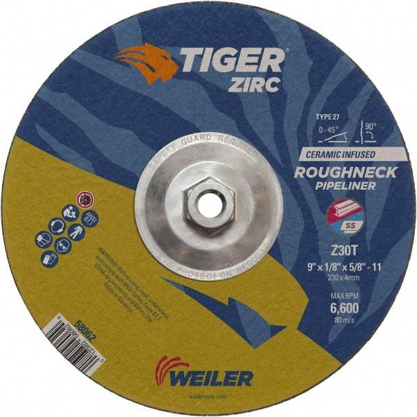 Weiler - 30 Grit, 9" Wheel Diam, 1/8" Wheel Thickness, Type 27 Depressed Center Wheel - Medium Grade, Zirconia Alumina, Resinoid Bond, T Hardness, 6,600 Max RPM - Eagle Tool & Supply