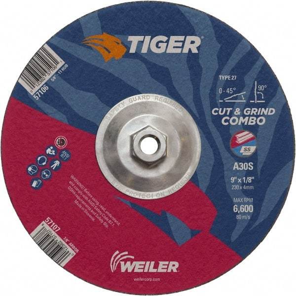 Weiler - 30 Grit, 9" Wheel Diam, 1/8" Wheel Thickness, Type 27 Depressed Center Wheel - Medium Grade, Aluminum Oxide, Resinoid Bond, S Hardness, 6,600 Max RPM - Eagle Tool & Supply