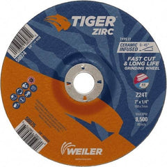 Weiler - 24 Grit, 7" Wheel Diam, 1/4" Wheel Thickness, 7/8" Arbor Hole, Type 27 Depressed Center Wheel - Coarse Grade, Zirconia Alumina, Resinoid Bond, T Hardness, 8,500 Max RPM - Eagle Tool & Supply