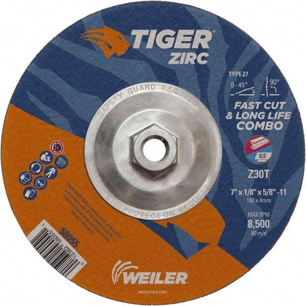 Weiler - 30 Grit, 7" Wheel Diam, 1/8" Wheel Thickness, Type 27 Depressed Center Wheel - Medium Grade, Zirconia Alumina, Resinoid Bond, T Hardness, 8,500 Max RPM - Eagle Tool & Supply