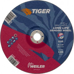 Weiler - 24 Grit, 9" Wheel Diam, 1/4" Wheel Thickness, 7/8" Arbor Hole, Type 27 Depressed Center Wheel - Coarse Grade, Aluminum Oxide, Resinoid Bond, R Hardness, 6,600 Max RPM - Eagle Tool & Supply