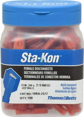 Thomas & Betts - 22 to 18 AWG, Nylon, Fully Insulated, Female Wire Disconnect - 1/4 Inch Wide Tab, Red, CSA Certified, RoHS Compliant, UL 94 V-2, UL File E66716, UL Listed - Eagle Tool & Supply