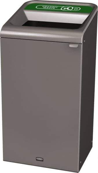 Rubbermaid - 23 Gal Gray Rectangle Decorative Indoor Single Stream Waste Receptacle - Metal, Organic Waste Graphic, 37.965" High x 19.588" Long x 19-1/2" Wide, Lid Included - Eagle Tool & Supply