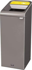 Rubbermaid - 15 Gal Gray Rectangle Decorative Indoor Single Stream Waste Receptacle - Metal, Cans Graphic, 37.965" High x 14.784" Long x 19-1/2" Wide, Lid Included - Eagle Tool & Supply