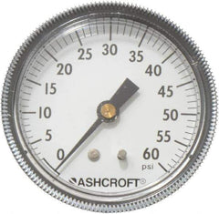 Ashcroft - 2-1/2" Dial, 1/4 Thread, 0-60 Scale Range, Pressure Gauge - Center Back Connection Mount - Eagle Tool & Supply