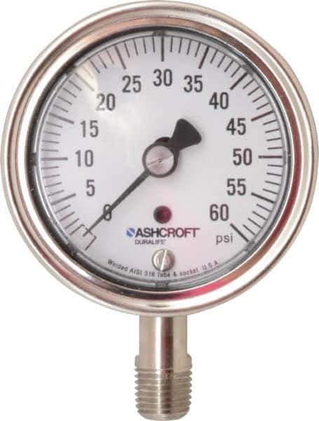 Ashcroft - 2-1/2" Dial, 1/4 Thread, 0-60 Scale Range, Pressure Gauge - Lower Connection Mount, Accurate to 1% of Scale - Eagle Tool & Supply