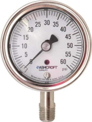 Ashcroft - 2-1/2" Dial, 1/4 Thread, 0-60 Scale Range, Pressure Gauge - Lower Connection Mount, Accurate to 1% of Scale - Eagle Tool & Supply