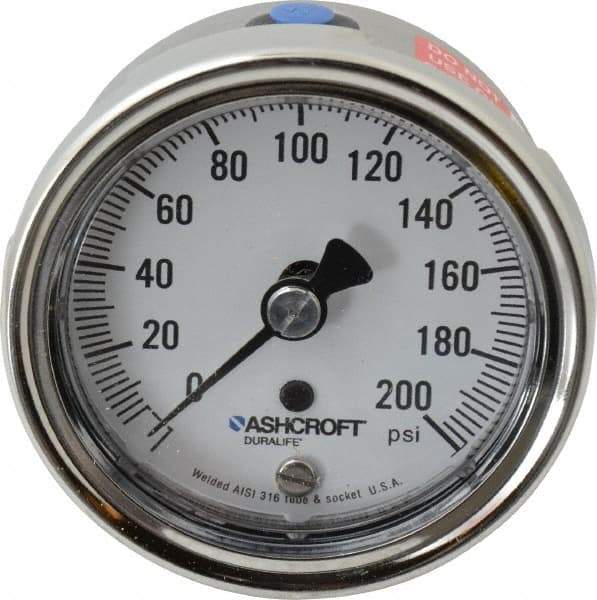 Ashcroft - 2-1/2" Dial, 1/4 Thread, 0-200 Scale Range, Pressure Gauge - Lower Back Connection Mount, Accurate to 1% of Scale - Eagle Tool & Supply