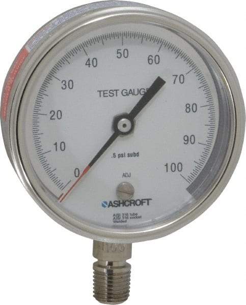 Ashcroft - 3" Dial, 1/4 Thread, 0-100 Scale Range, Pressure Gauge - Lower Connection Mount, Accurate to 0.5% of Scale - Eagle Tool & Supply