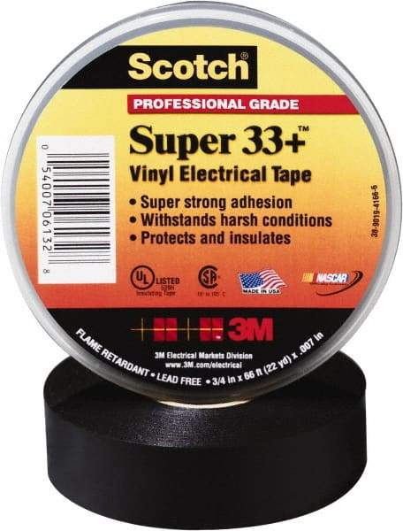 3M - 3/4" x 52', Black Vinyl Electrical Tape - Series 33+, 7 mil Thick, 1,150 V/mil Dielectric Strength, 15 Lb./Inch Tensile Strength - Eagle Tool & Supply