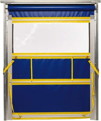 TMI, LLC - 10' Door Width x 12' Door Height PVC Solid with Vision Panel & Spring Loaded Manual (Style) Roll Up Dock Screen - Blue/Yellow/Clear - Eagle Tool & Supply
