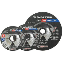 WALTER Surface Technologies - 24 Grit, 9" Wheel Diam, 1/4" Wheel Thickness, 7/8" Arbor Hole, Type 27 Depressed Center Wheel - Aluminum Oxide, Resinoid Bond, 6,600 Max RPM - Eagle Tool & Supply