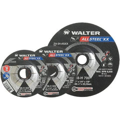 WALTER Surface Technologies - 24 Grit, 7" Wheel Diam, 1/4" Wheel Thickness, Type 27 Depressed Center Wheel - Aluminum Oxide, Resinoid Bond, 8,600 Max RPM - Eagle Tool & Supply
