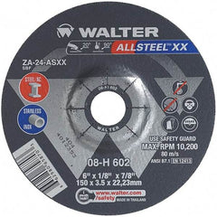 WALTER Surface Technologies - 24 Grit, 6" Wheel Diam, 1/8" Wheel Thickness, 7/8" Arbor Hole, Type 27 Depressed Center Wheel - Aluminum Oxide, Resinoid Bond, 10,200 Max RPM - Eagle Tool & Supply