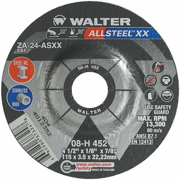 WALTER Surface Technologies - 24 Grit, 4-1/2" Wheel Diam, 1/8" Wheel Thickness, 7/8" Arbor Hole, Type 27 Depressed Center Wheel - Aluminum Oxide, Resinoid Bond, 13,300 Max RPM - Eagle Tool & Supply