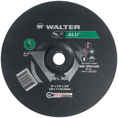 WALTER Surface Technologies - 24 Grit, 9" Wheel Diam, 1/4" Wheel Thickness, 7/8" Arbor Hole, Type 27 Depressed Center Wheel - Aluminum Oxide, Resinoid Bond, 6,600 Max RPM - Eagle Tool & Supply