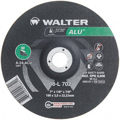 WALTER Surface Technologies - 24 Grit, 7" Wheel Diam, 1/8" Wheel Thickness, 7/8" Arbor Hole, Type 27 Depressed Center Wheel - Aluminum Oxide, Resinoid Bond, 8,600 Max RPM - Eagle Tool & Supply