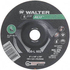WALTER Surface Technologies - 24 Grit, 6" Wheel Diam, 1/8" Wheel Thickness, 7/8" Arbor Hole, Type 27 Depressed Center Wheel - Aluminum Oxide, Resinoid Bond, 10,200 Max RPM - Eagle Tool & Supply