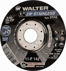 WALTER Surface Technologies - 60 Grit, 4-1/2" Wheel Diam, 3/64" Wheel Thickness, 7/8" Arbor Hole, Type 27 Depressed Center Wheel - Aluminum Oxide, Resinoid Bond, 13,300 Max RPM - Eagle Tool & Supply