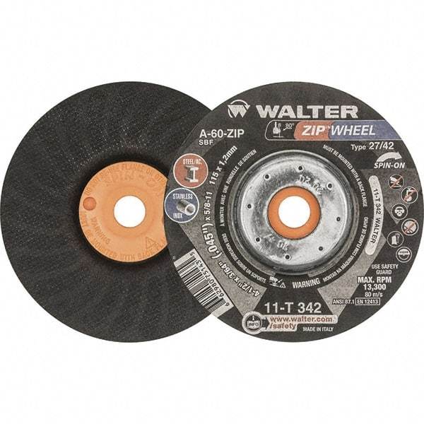 WALTER Surface Technologies - 60 Grit, 4-1/2" Wheel Diam, 3/64" Wheel Thickness, Type 27 Depressed Center Wheel - Resinoid Bond, 13,300 Max RPM - Eagle Tool & Supply