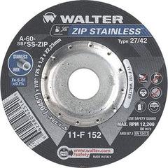 WALTER Surface Technologies - 60 Grit, 5" Wheel Diam, 3/64" Wheel Thickness, 7/8" Arbor Hole, Type 27 Depressed Center Wheel - Aluminum Oxide/Silicon Carbide Blend, Resinoid Bond, 12,200 Max RPM - Eagle Tool & Supply