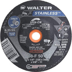 WALTER Surface Technologies - 30 Grit, 5" Wheel Diam, 1/4" Wheel Thickness, Type 28 Depressed Center Wheel - Aluminum Oxide, Resinoid Bond, 12,200 Max RPM - Eagle Tool & Supply