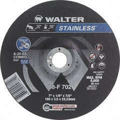 WALTER Surface Technologies - 30 Grit, 7" Wheel Diam, 1/8" Wheel Thickness, 7/8" Arbor Hole, Type 27 Depressed Center Wheel - Aluminum Oxide, Resinoid Bond, 8,600 Max RPM - Eagle Tool & Supply