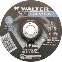 WALTER Surface Technologies - 30 Grit, 6" Wheel Diam, 1/4" Wheel Thickness, 7/8" Arbor Hole, Type 27 Depressed Center Wheel - Aluminum Oxide, Resinoid Bond, 10,200 Max RPM - Eagle Tool & Supply