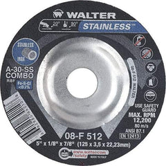 WALTER Surface Technologies - 30 Grit, 5" Wheel Diam, 1/8" Wheel Thickness, 7/8" Arbor Hole, Type 27 Depressed Center Wheel - Aluminum Oxide, Resinoid Bond, 12,200 Max RPM - Eagle Tool & Supply
