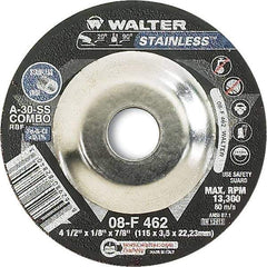 WALTER Surface Technologies - 30 Grit, 4-1/2" Wheel Diam, 1/8" Wheel Thickness, 7/8" Arbor Hole, Type 27 Depressed Center Wheel - Aluminum Oxide, Resinoid Bond, 13,300 Max RPM - Eagle Tool & Supply