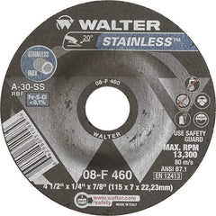 WALTER Surface Technologies - 30 Grit, 4-1/2" Wheel Diam, 1/4" Wheel Thickness, 7/8" Arbor Hole, Type 27 Depressed Center Wheel - Aluminum Oxide, Resinoid Bond, 13,300 Max RPM - Eagle Tool & Supply
