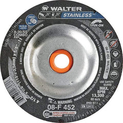 WALTER Surface Technologies - 30 Grit, 4-1/2" Wheel Diam, 1/8" Wheel Thickness, Type 27 Depressed Center Wheel - Aluminum Oxide, Resinoid Bond, 13,300 Max RPM - Eagle Tool & Supply