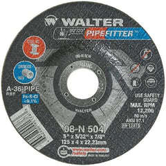 WALTER Surface Technologies - 36 Grit, 5" Wheel Diam, 5/32" Wheel Thickness, 7/8" Arbor Hole, Type 27 Depressed Center Wheel - Aluminum Oxide/Silicon Carbide Blend, Resinoid Bond, 12,200 Max RPM - Eagle Tool & Supply