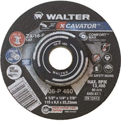 WALTER Surface Technologies - 16 Grit, 4-1/2" Wheel Diam, 1/4" Wheel Thickness, 7/8" Arbor Hole, Type 27 Depressed Center Wheel - Aluminum Oxide, Resinoid Bond, 13,300 Max RPM - Eagle Tool & Supply